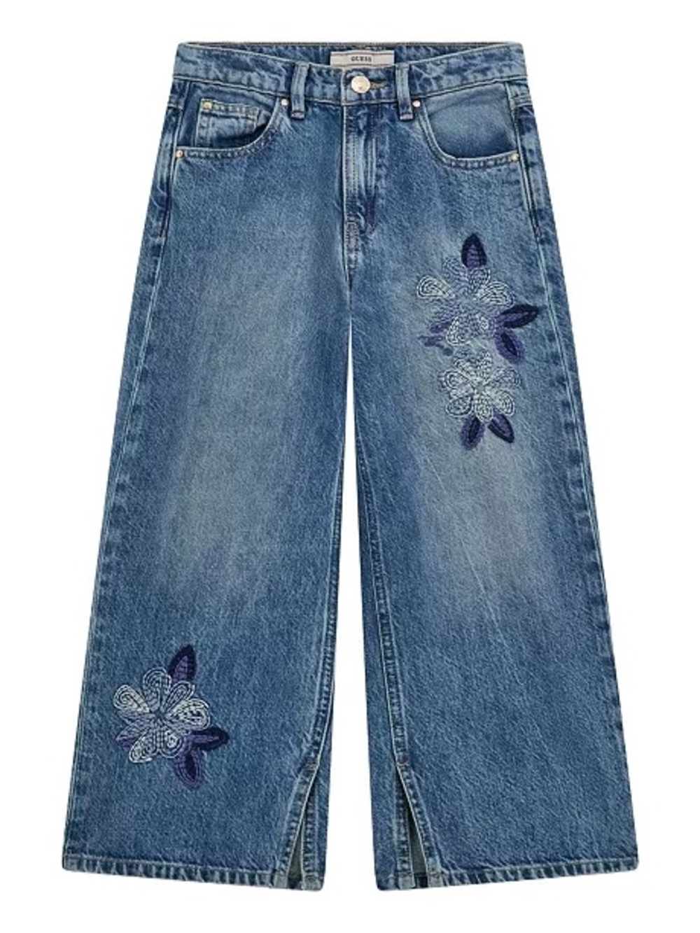 Girls Guess Denim Embroidered Culotte Wide Leg Jeans